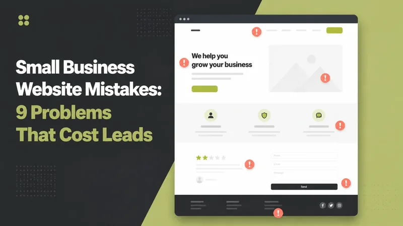 Small Business Website Mistakes, beside a homepage mockup with warning markers pinned to problem areas.