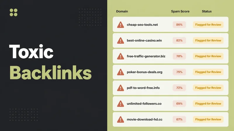 A backlink list with spam links flagged for review.