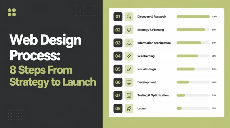 Web Design Process, beside a project board of eight numbered stages from discovery to launch with progress bars.