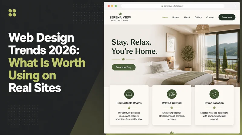 Web Design Trends 2026, beside a boutique hotel website home page in a browser.