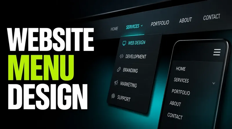 A clean website navigation bar with a dropdown and a mobile hamburger menu, illustrating menu design.