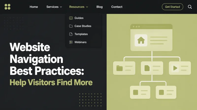 Banner reading Website Navigation Best Practices beside a site header with a dropdown open and a page tree