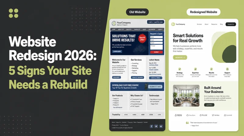 Website Redesign 2026, beside a cluttered old website and its clean redesigned version.