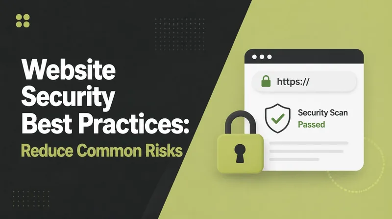 Website Security Best Practices, beside an HTTPS padlock and a security scan showing a pass.