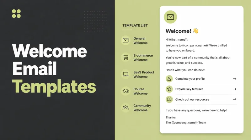 A welcome email open beside a template list.