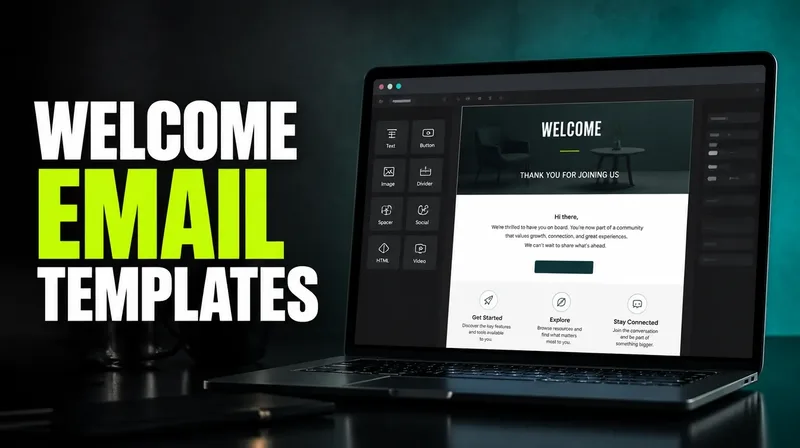 Welcome email template shown in a clean email editor on a dark graphite-to-teal background.