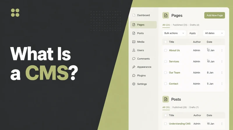 A CMS dashboard with pages and posts listed.