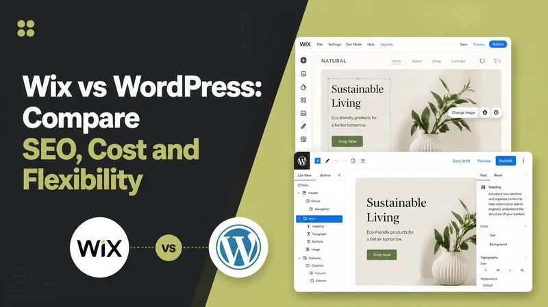 Wix vs WordPress, beside the Wix editor set against the WordPress editor with both logos.