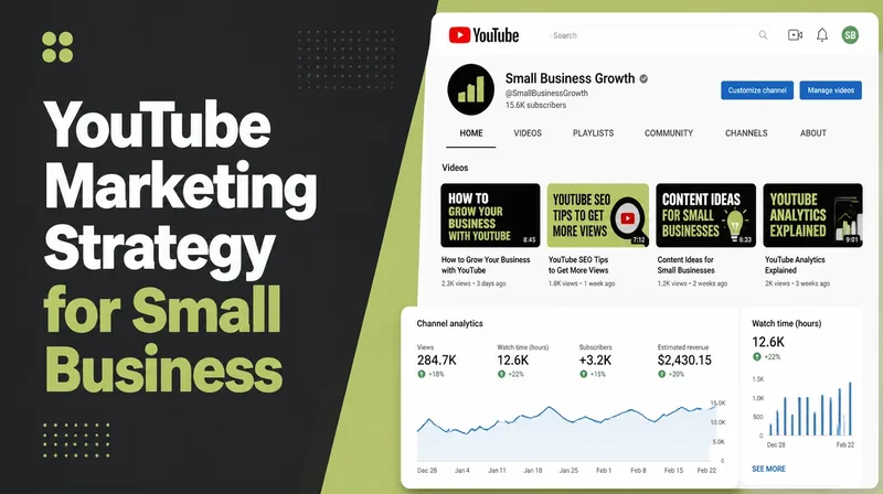 A YouTube channel page for a small business showing uploaded videos alongside views, watch time and subscriber analytics.
