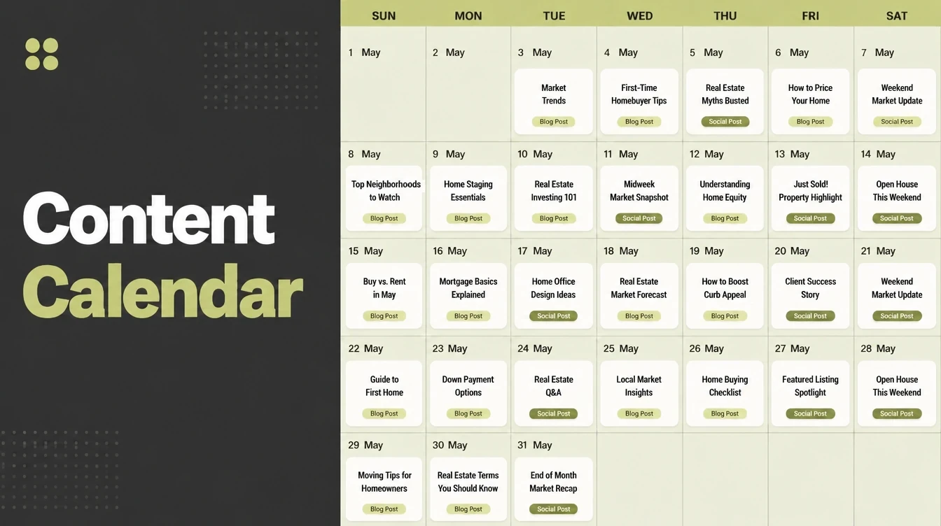 A monthly content calendar with posts planned per day.