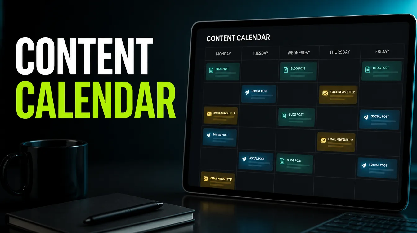A content calendar dashboard showing a month of scheduled posts across blog, email, and social channels.