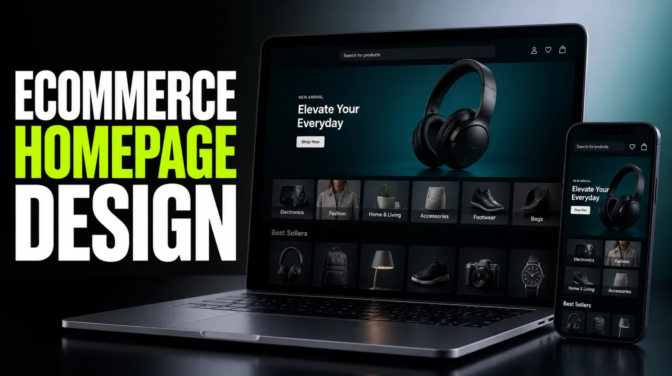 Sleek online store homepage layout showing a hero banner, search bar, category tiles and best-seller products on laptop and phone.