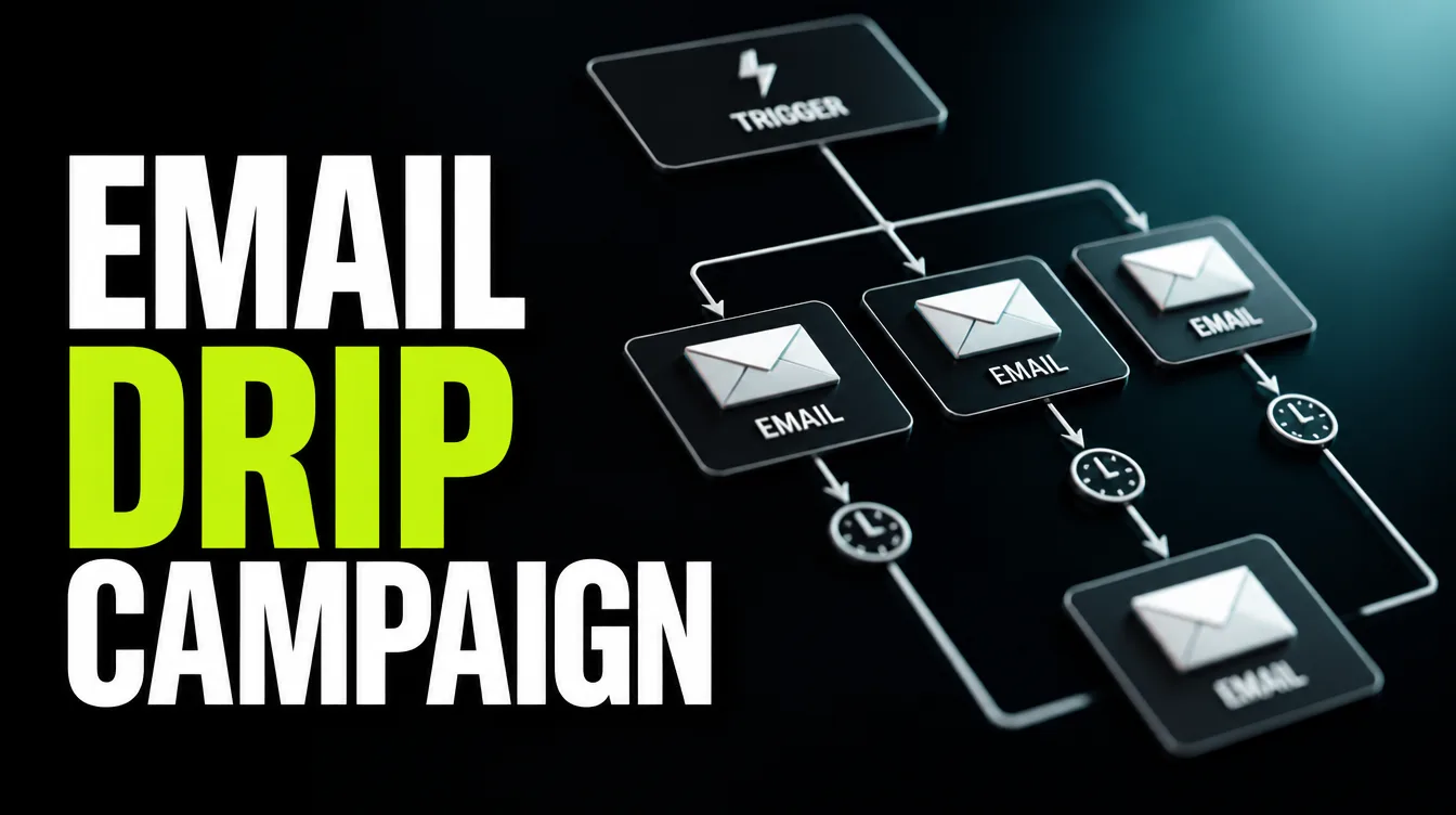 A diagram of an automated email drip campaign flow, with a trigger branching into a timed sequence of email steps.