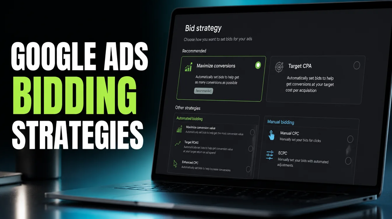 A Google Ads bid strategy settings dashboard illustrating how automated and manual bidding strategies are chosen.