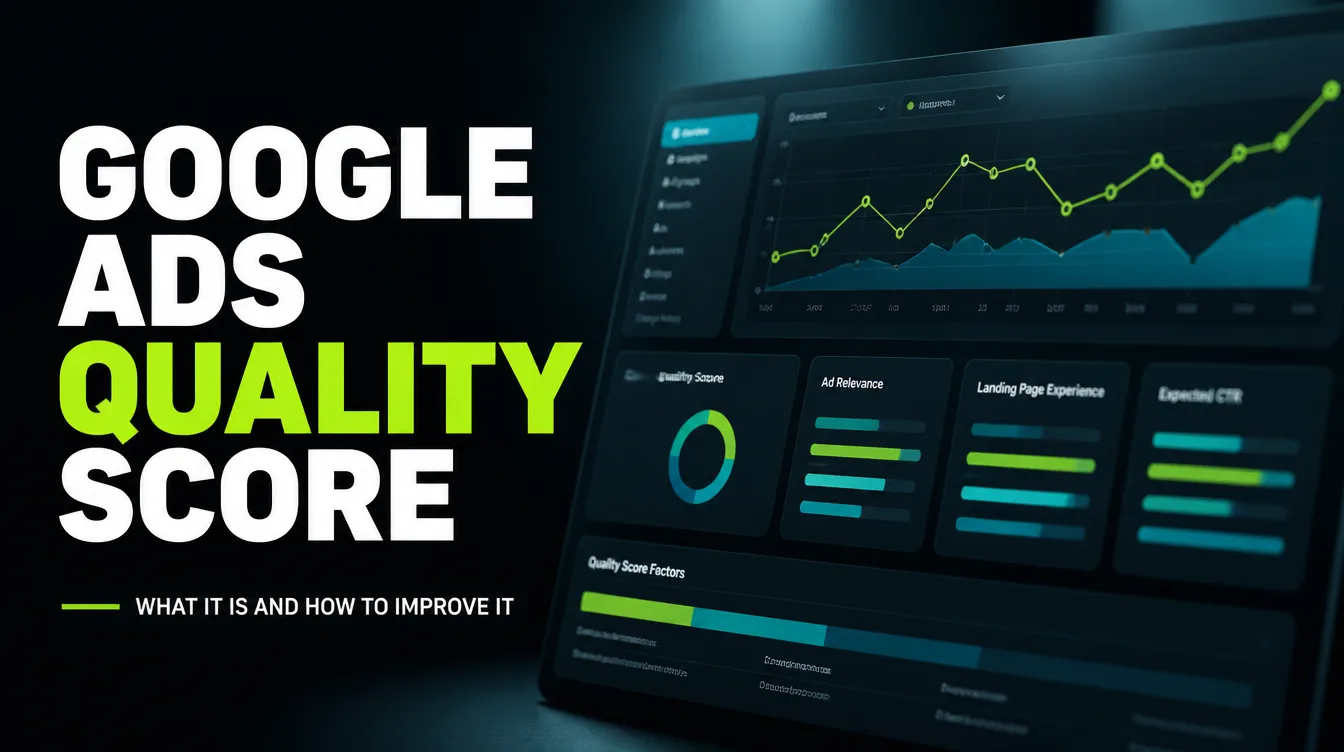 A dark dashboard illustration explaining what Google Ads Quality Score is and how to improve it.