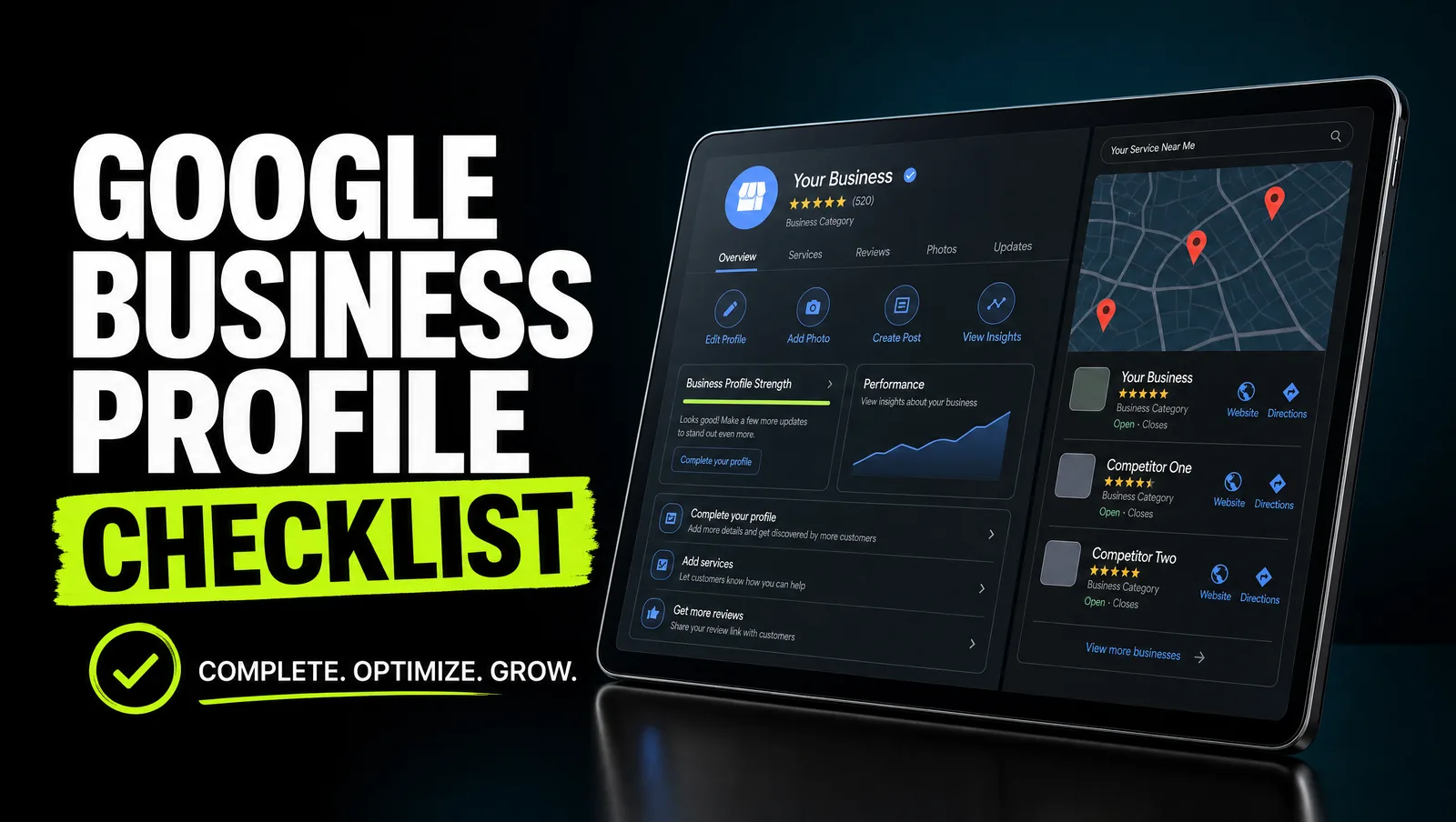 Google Business Profile Optimization Checklist, with a profile dashboard and a local map pack.
