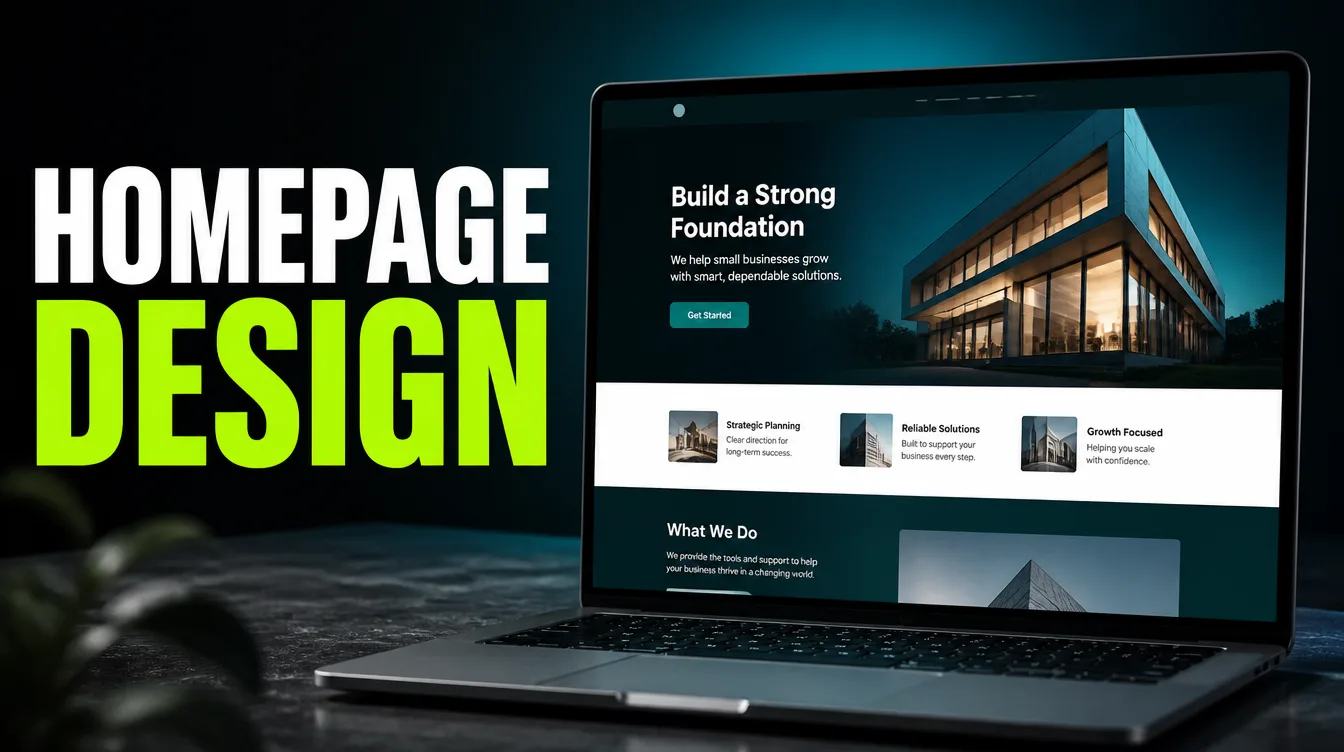 A small business website homepage shown above and below the fold with a clear hero, headline, and call-to-action button.