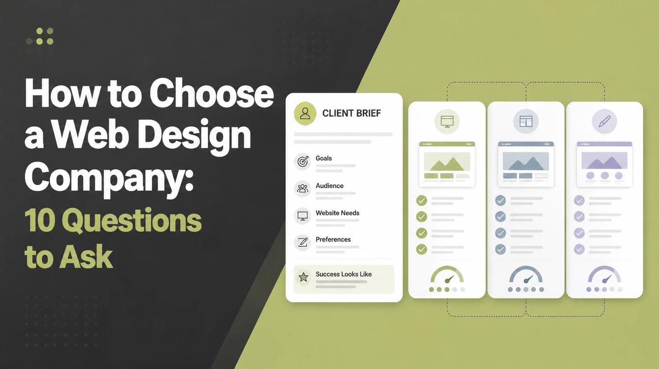 How to Choose a Web Design Company, beside a client brief and three proposal cards being compared.