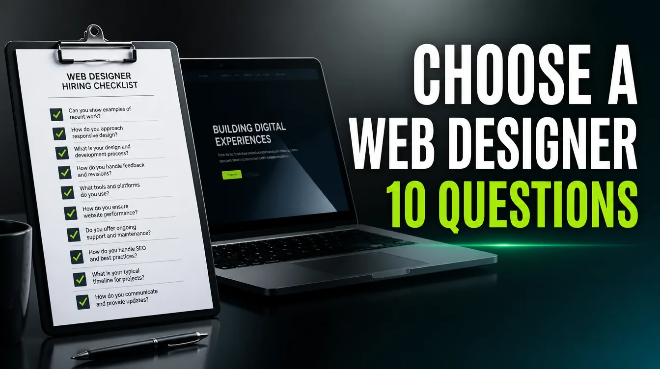 Three website mockups on screens beside a checklist for choosing a web design company