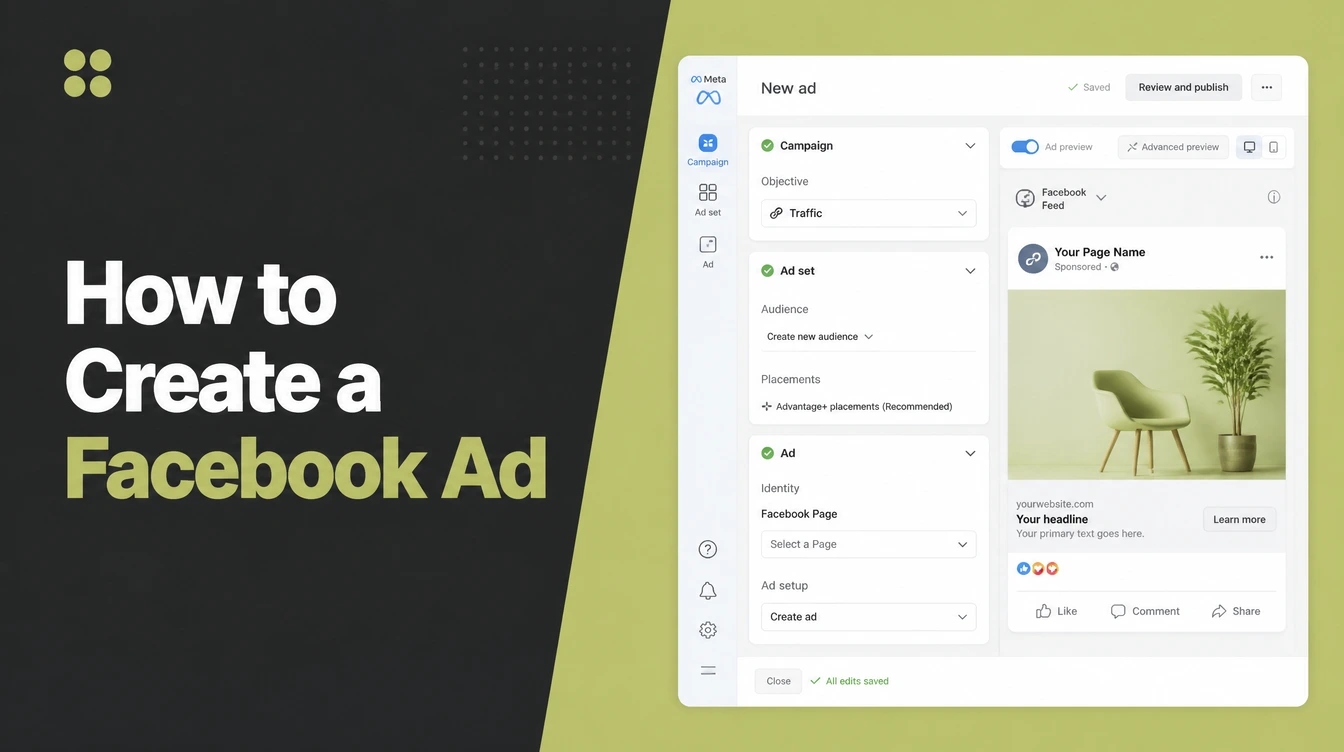 A Meta ad creation screen with a live preview beside it.