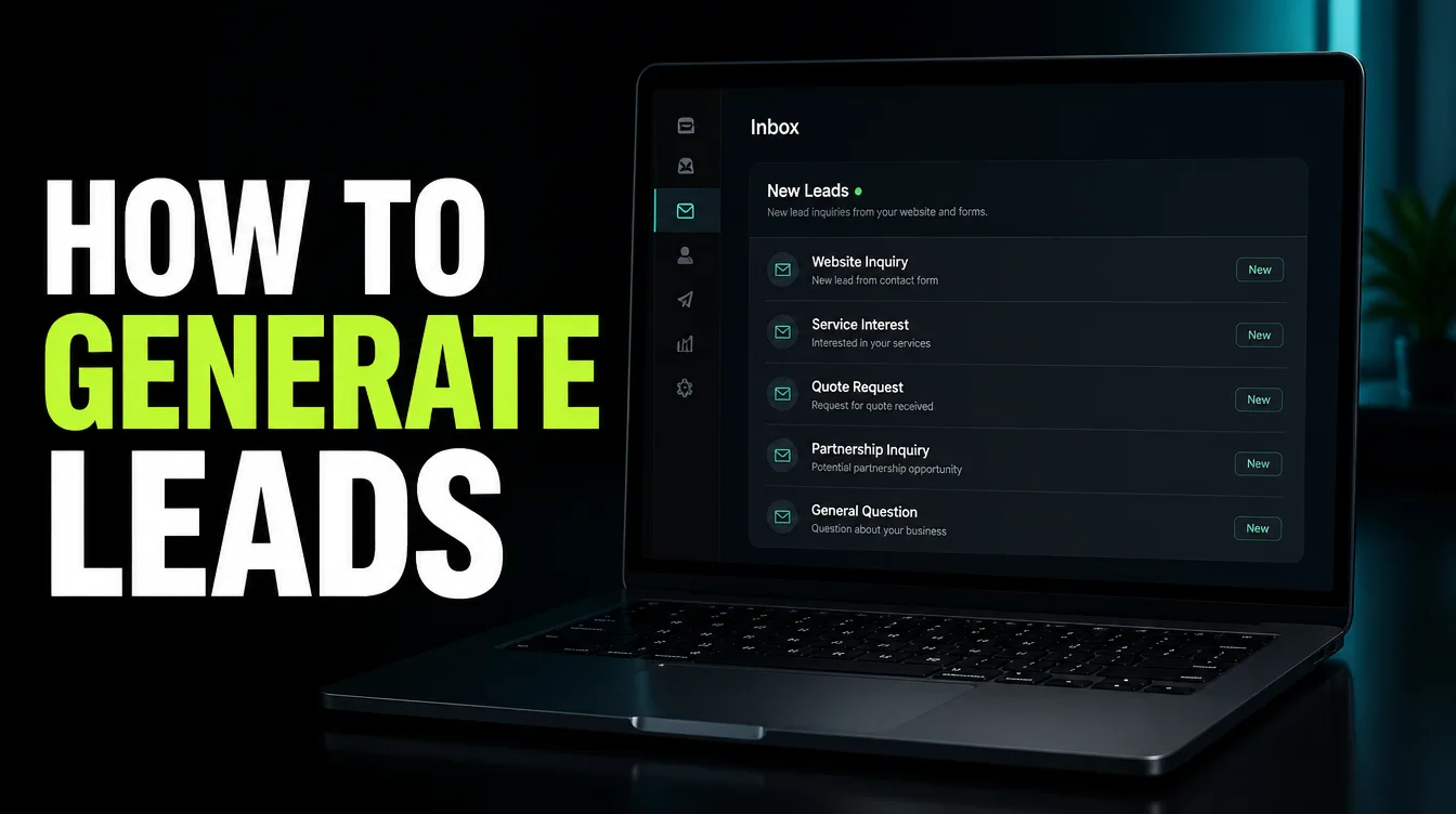 A dark lead-capture dashboard showing new small-business leads arriving in an inbox, illustrating how to generate leads.