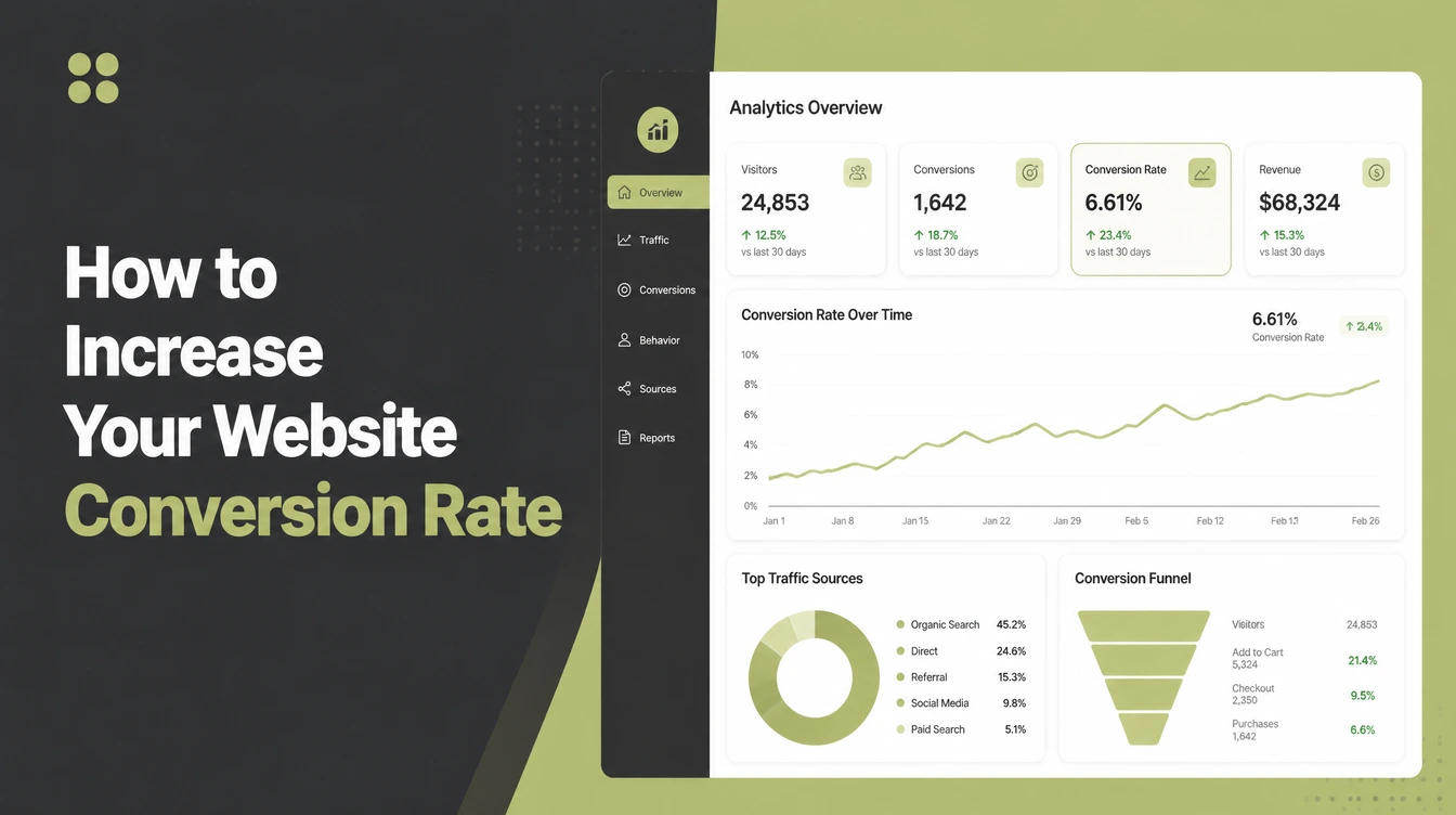 An analytics overview screen showing a conversion rate climbing over time beside traffic sources and a conversion funnel.