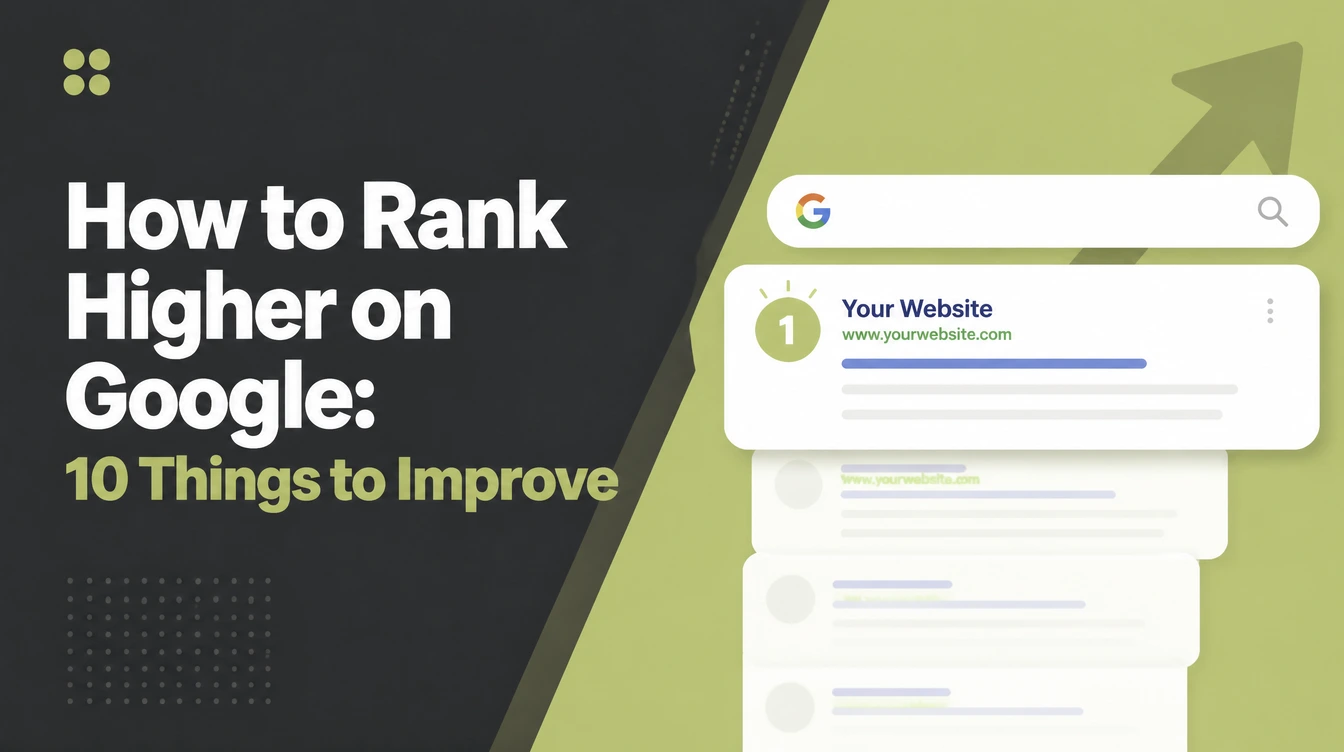 How to Rank Higher on Google, beside a search result at position one with an upward arrow behind it.