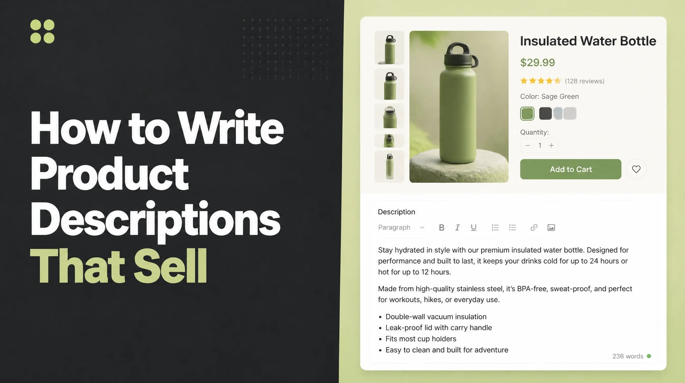 A product page with the description being written.