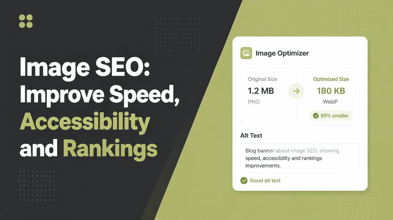 Image SEO, beside an image optimiser showing a smaller file size and an alt text field.