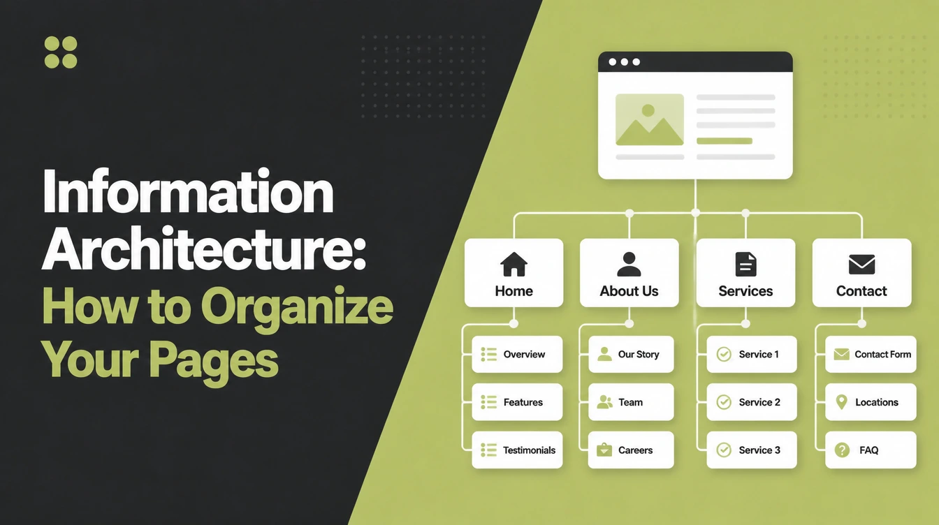 A website page tree branching from a homepage into labelled sections, illustrating information architecture.