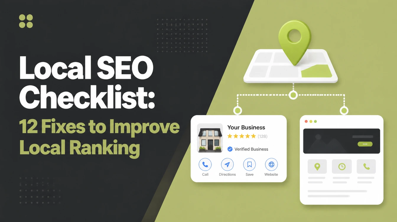 Local SEO Checklist, beside a map pin, a business profile card and a website joined in a flow.