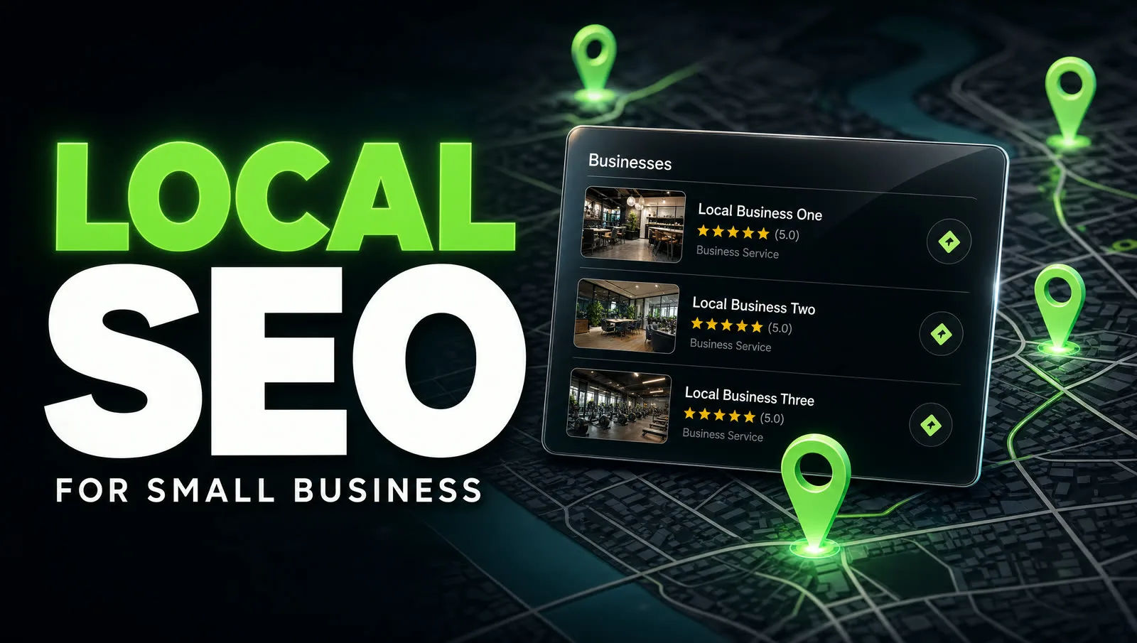A dark map with glowing location pins and a local 3-pack result card, illustrating local SEO for small businesses.