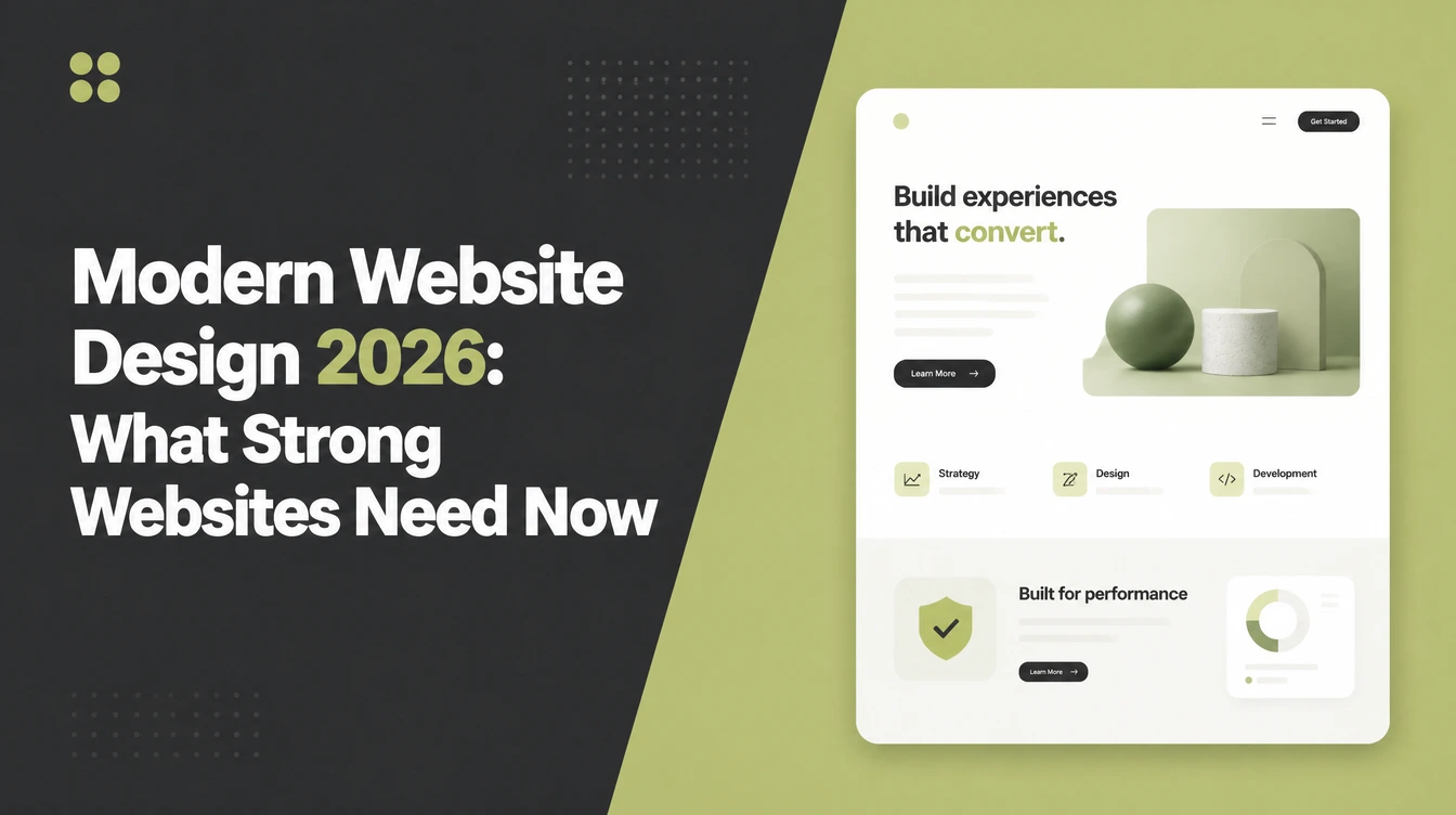 Modern Website Design, beside a homepage mockup with a hero section, three service cards and a performance panel.