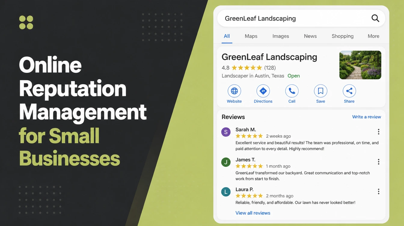 A search results page for a business name showing its profile panel and reviews, illustrating online reputation management.