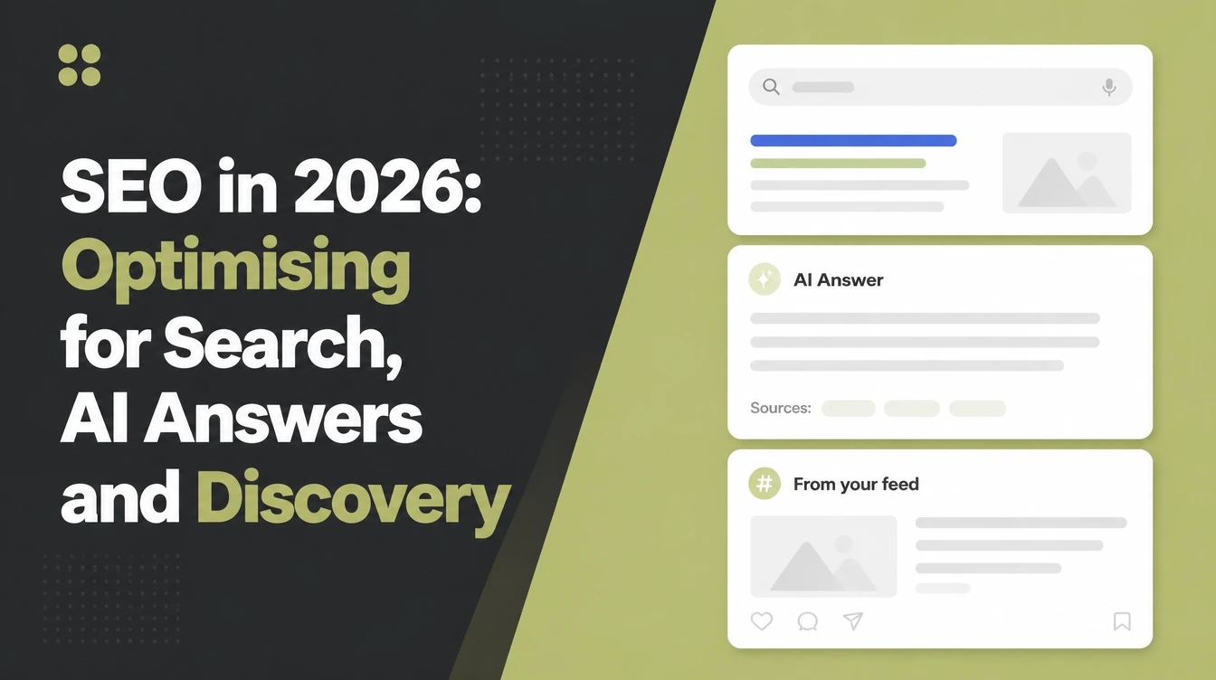 SEO in 2026, beside three stacked panels showing a search listing, an AI answer with sources and a social discovery card.
