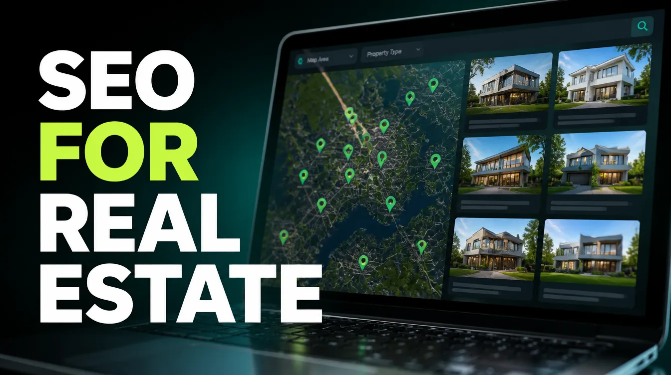 A property search map interface showing neighborhood listings, illustrating SEO for real estate agents.