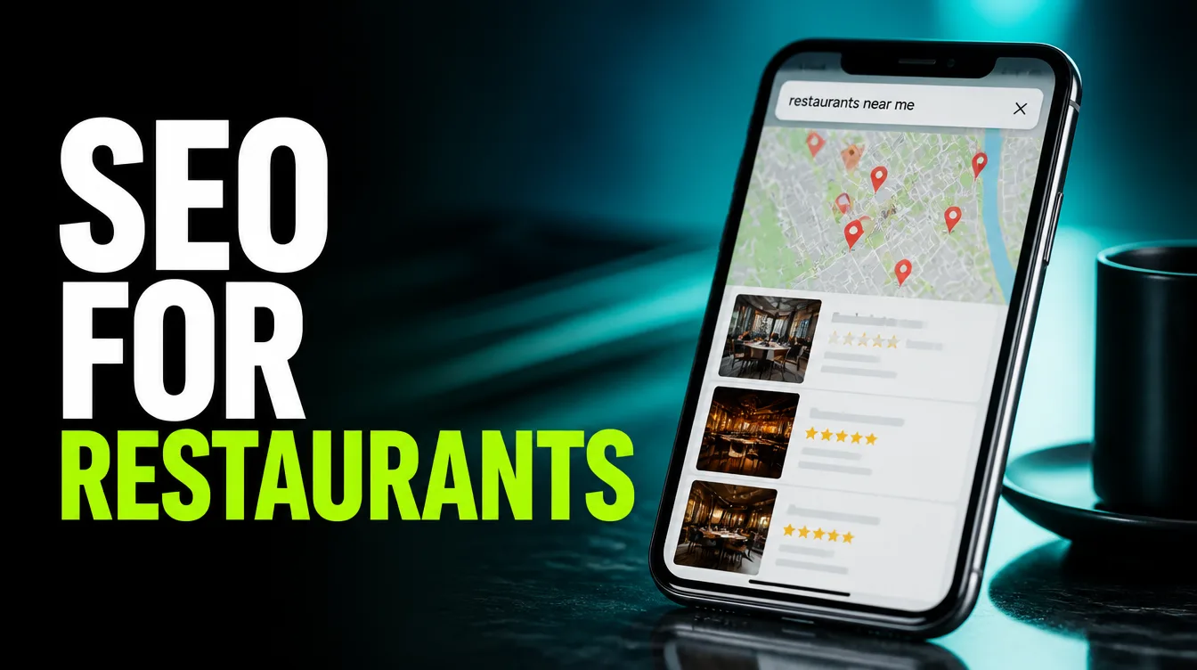 A Google Maps local pack on a phone showing restaurants near me with star ratings and pins.