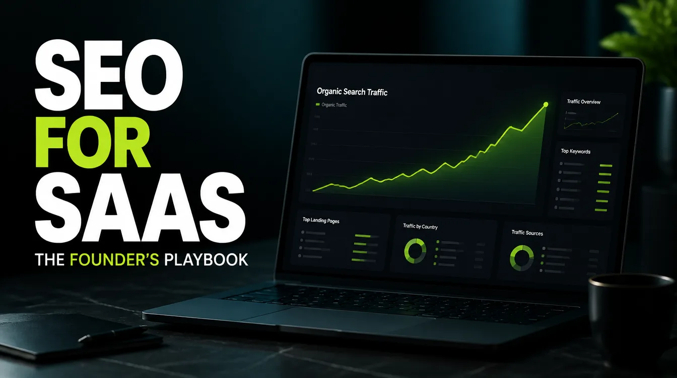A SaaS analytics dashboard showing organic search traffic climbing, illustrating an SEO playbook for founders.