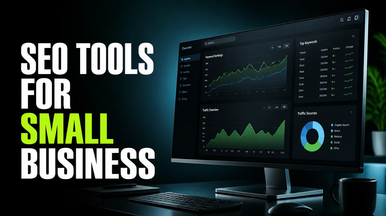A generic SEO dashboard showing keyword rankings and traffic charts on a glossy monitor.