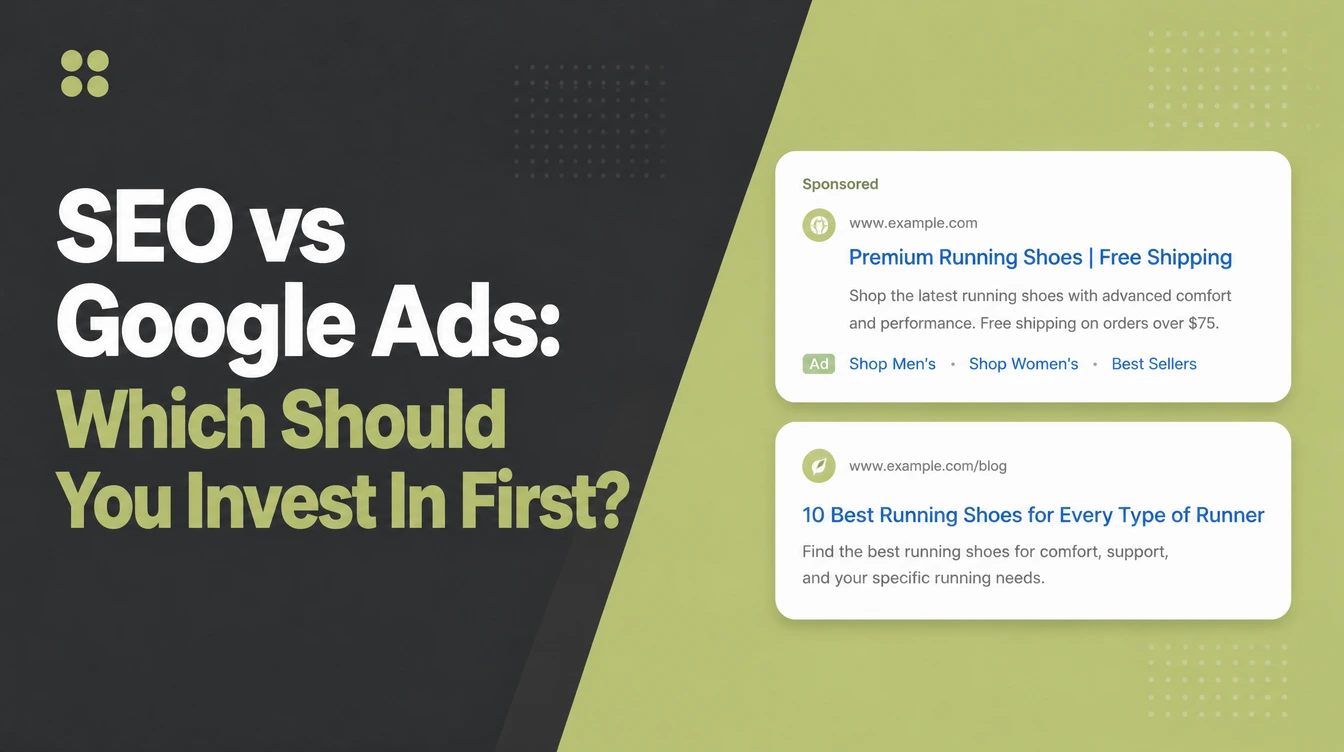 SEO vs Google Ads, beside a sponsored ad sitting above an organic search listing.
