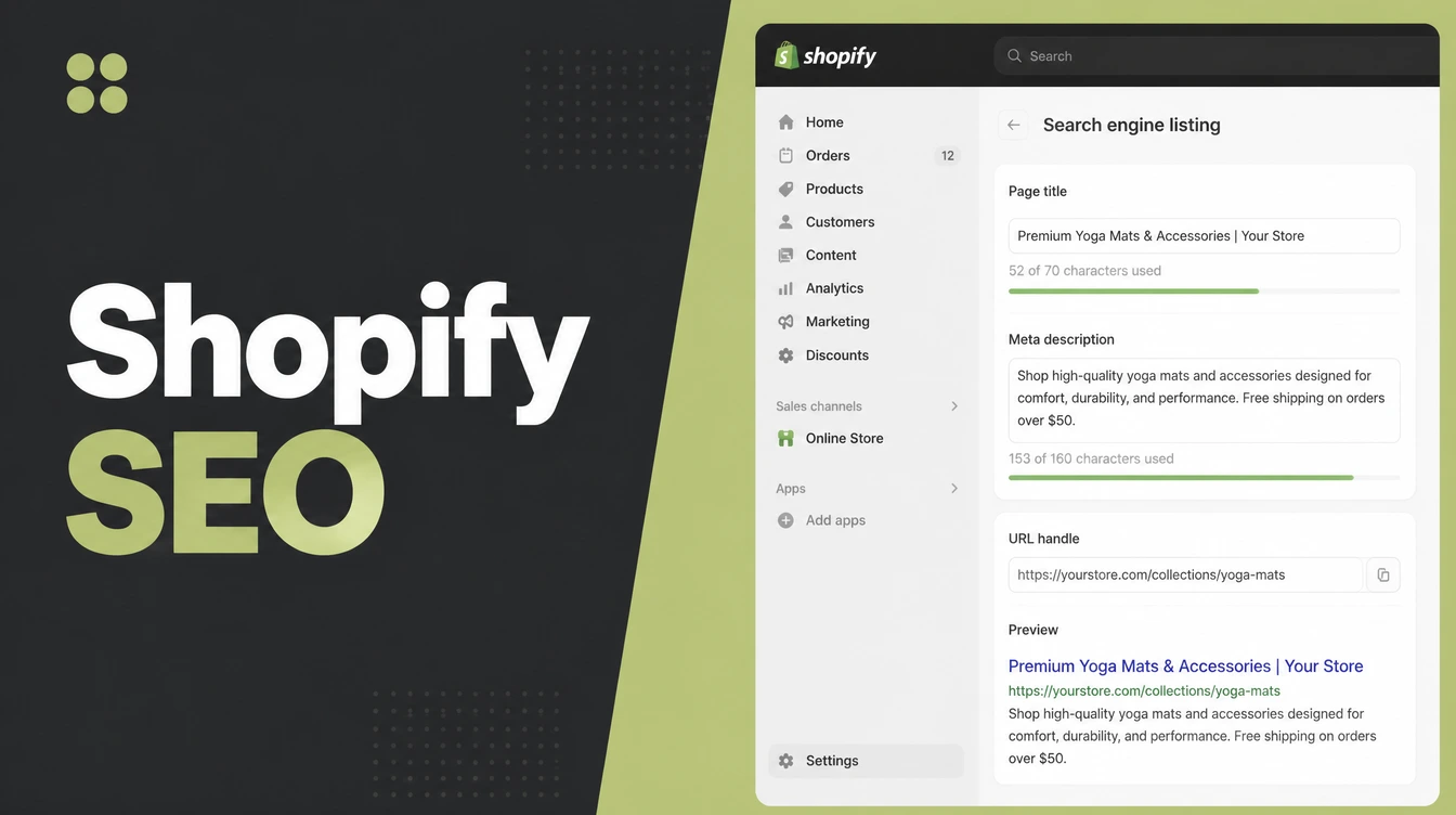 A Shopify admin page with SEO title and description fields.