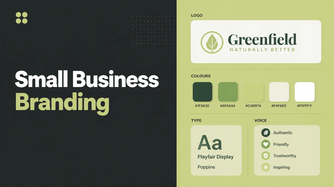 A brand kit screen with logo, colours, type and voice.