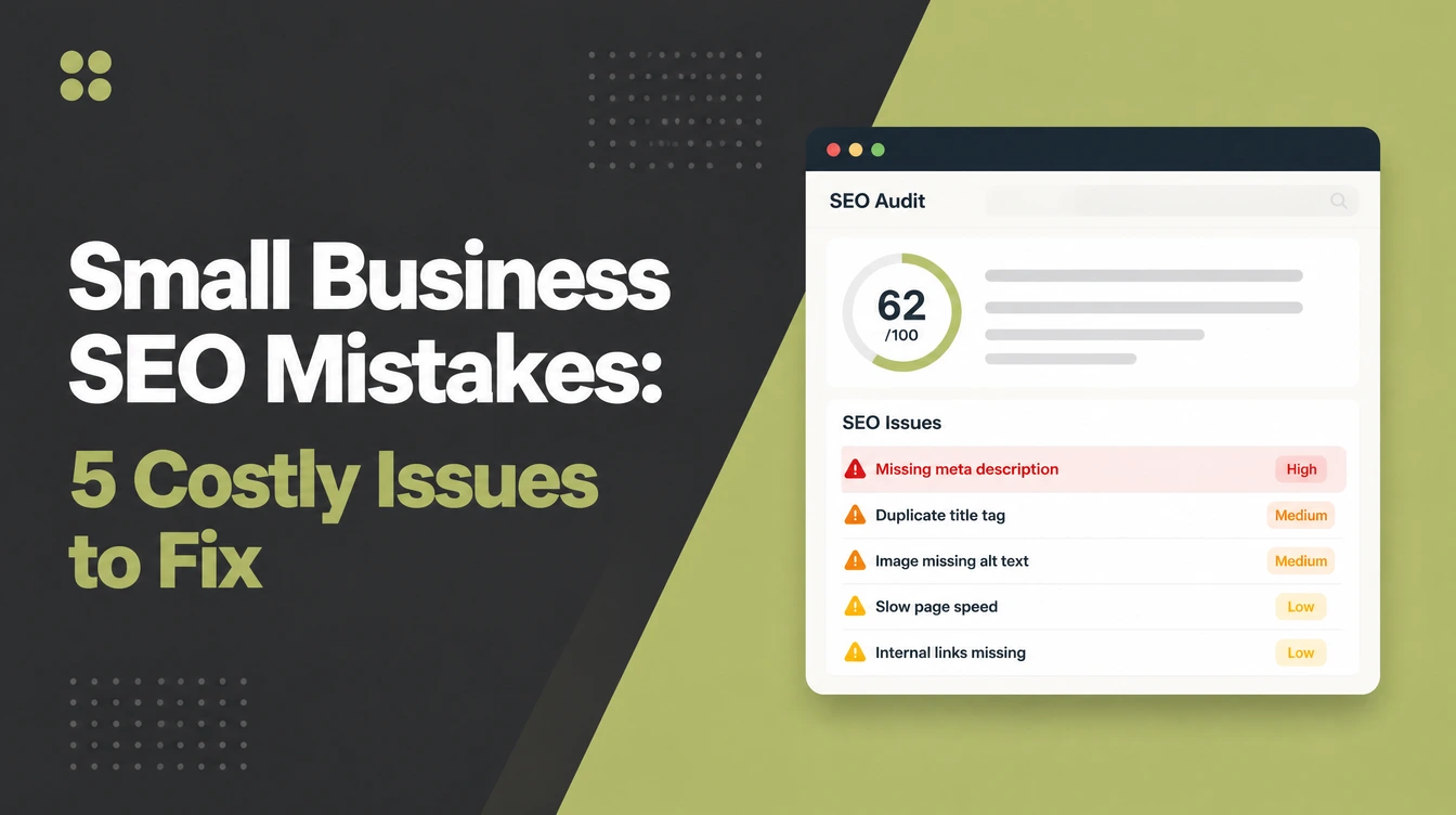 Small Business SEO Mistakes, beside an SEO audit flagging issues by severity.