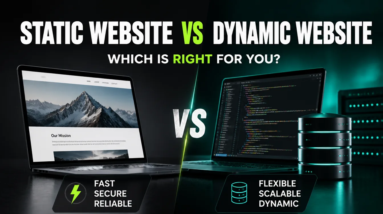Split graphic comparing a fast static website against a database-driven dynamic website.