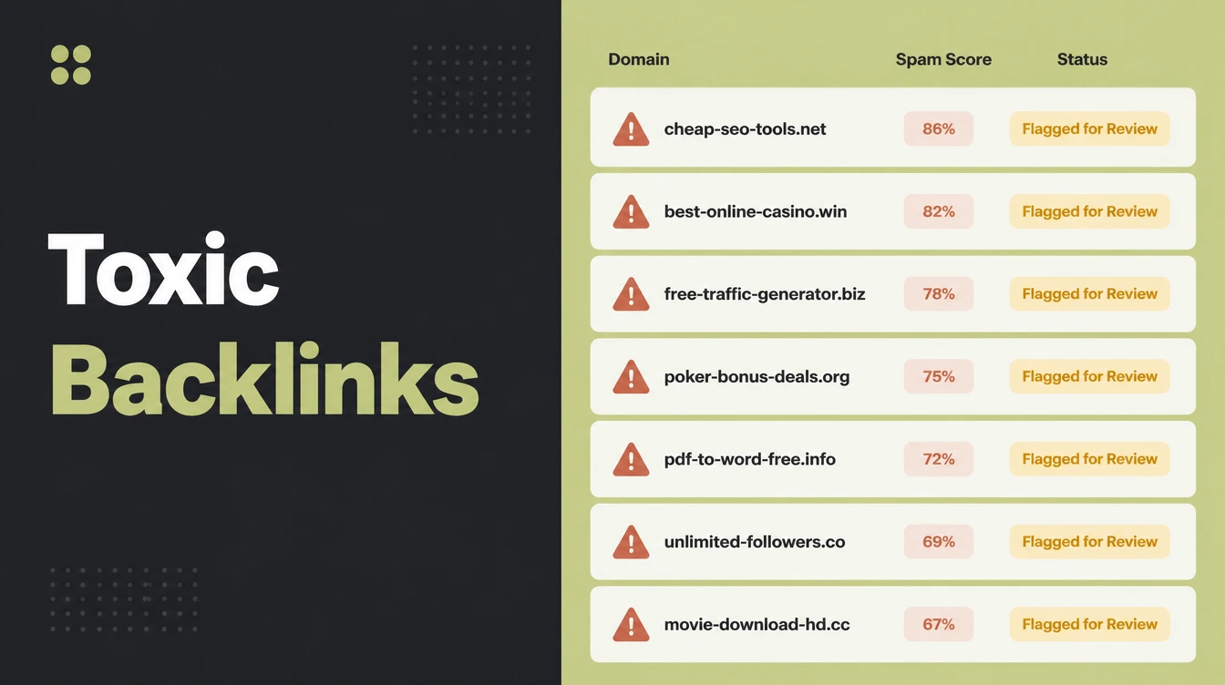 A backlink list with spam links flagged for review.