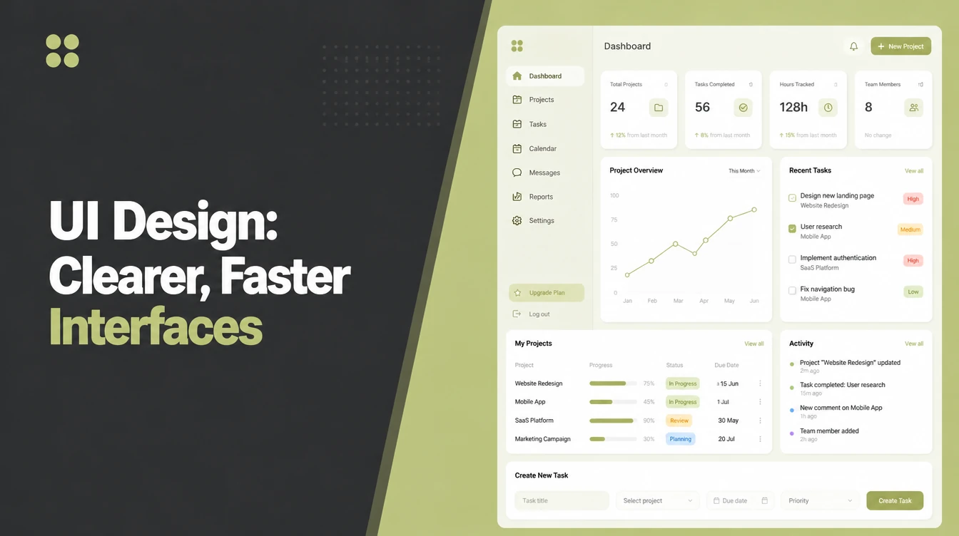 An app interface with buttons, inputs and navigation.