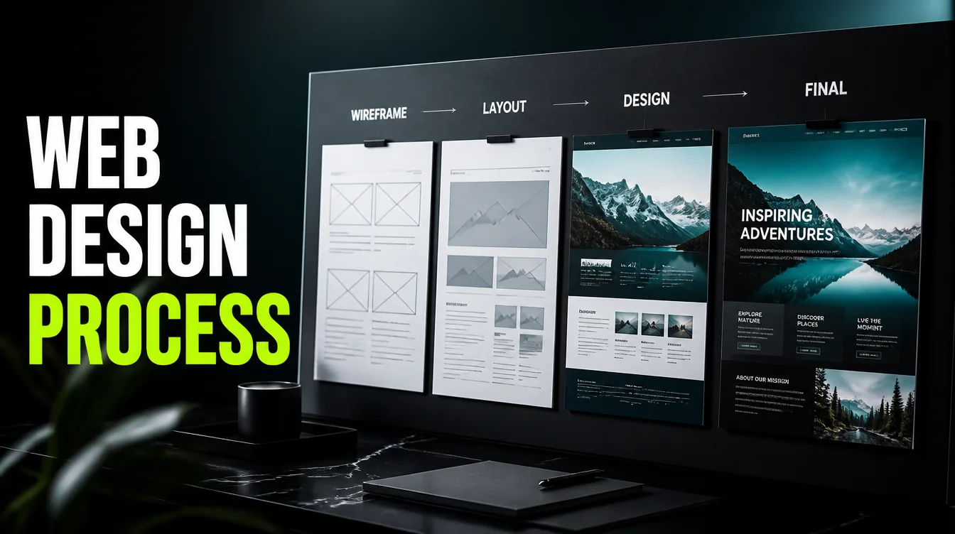 A web design project board showing a wireframe turning into a finished website, step by step.