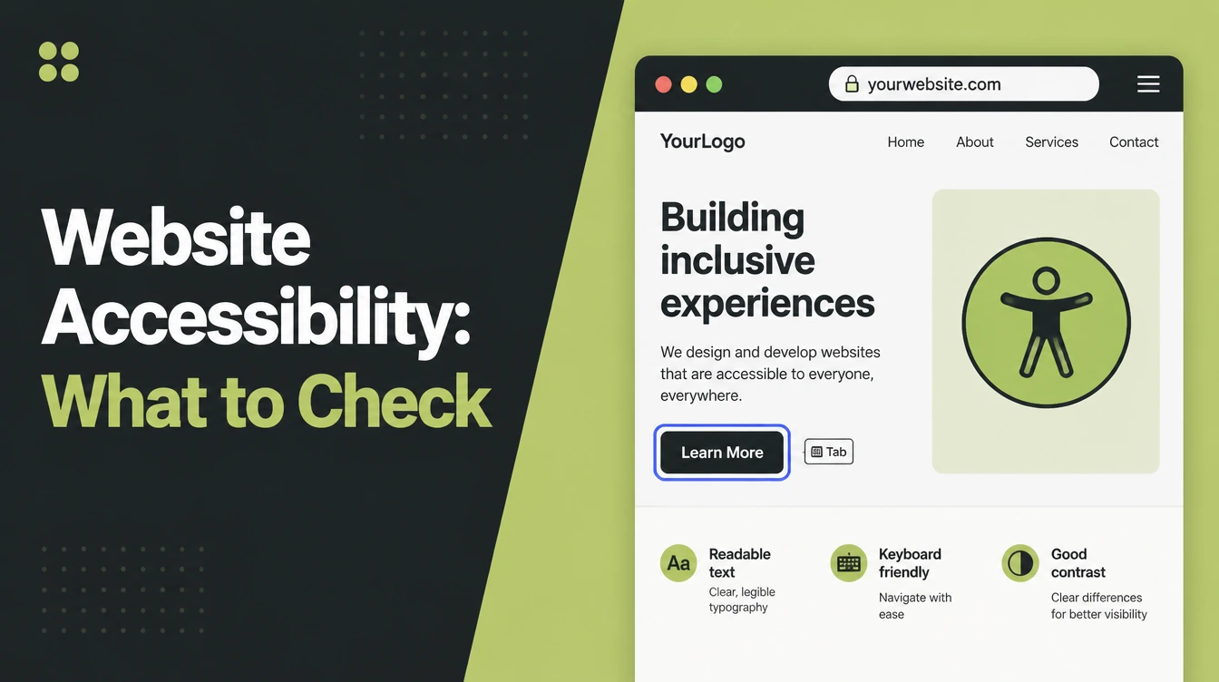 Website Accessibility, beside a keyboard focus ring on a page button and a readable text sample.