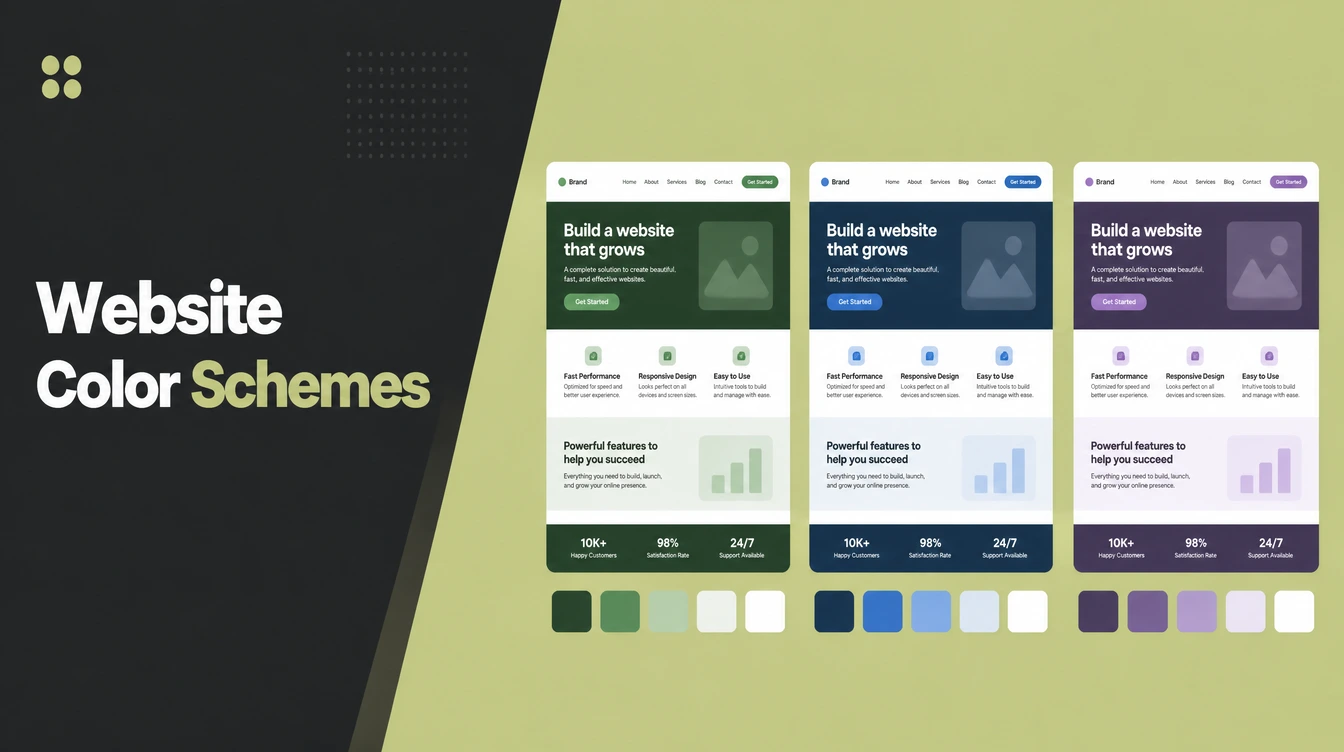 A website shown in three different colour schemes.
