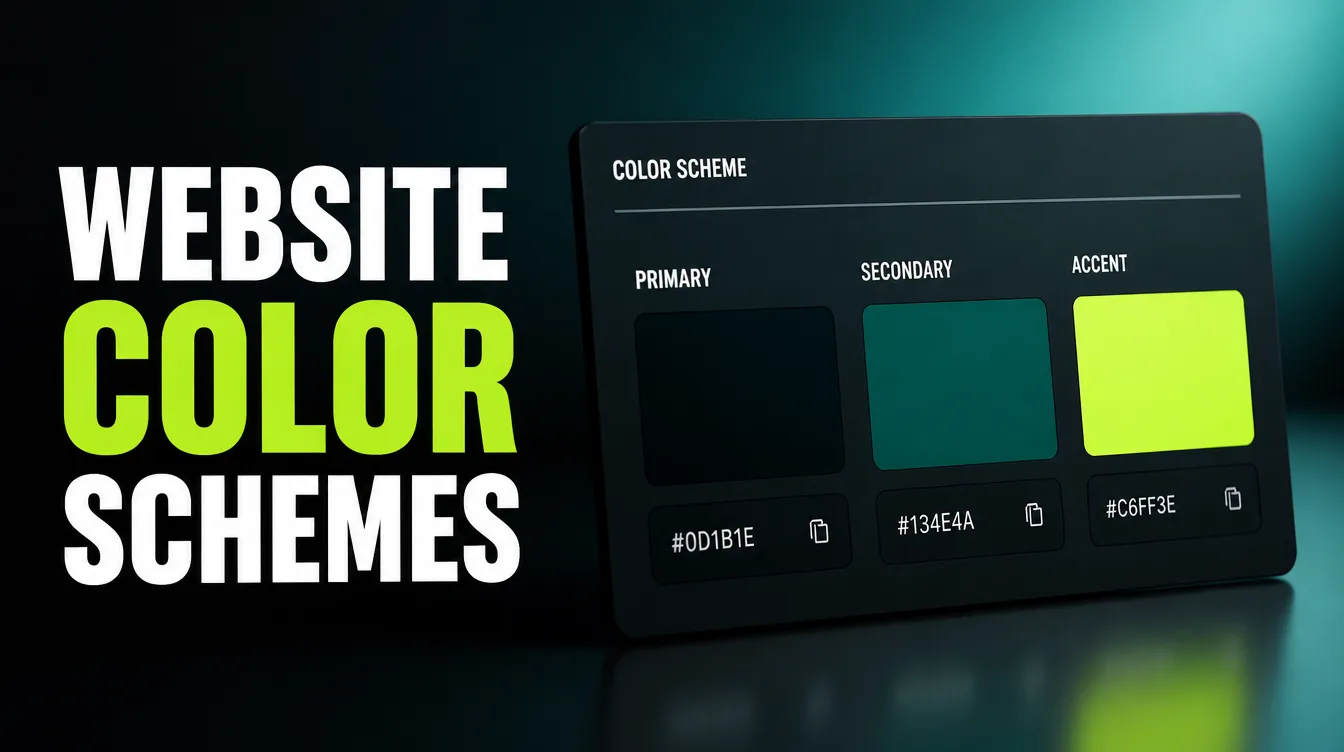 A website color scheme panel showing primary, secondary, and accent swatches with hex codes.
